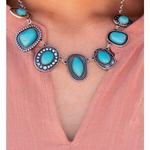 Blue and Silver Statement Necklace with Ornate Metalwork